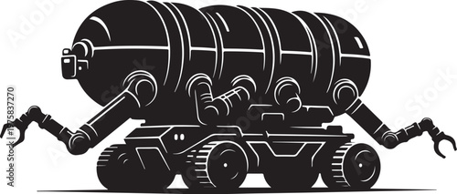 Industrial robot, mechanical tank, black vector illustration, futuristic machine