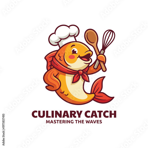 This cheerful fish character dressed as a chef, holding cooking utensils, embodies culinary creativity and fun, ideal for restaurants, seafood brands, or culinary schools.