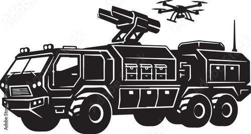 Military truck with missile launcher, drone, black vector illustration, combat vehicle, army equipment