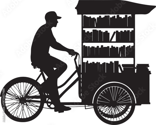 Black silhouette of a book vendor riding a bicycle cart, bookseller on a bike, mobile library, book tricycle