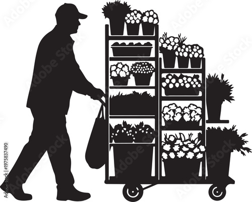 Gardener, flower cart, plant delivery, gardening tools, black silhouette