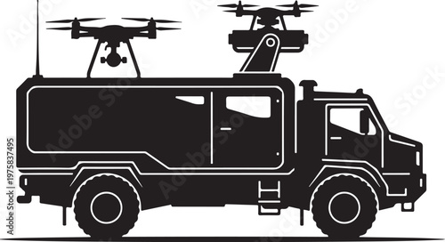 Emergency Response Truck, Drone Carrier, Rescue Vehicle, Black Vector Illustration