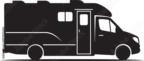 Motorhome, RV, camper van silhouette, black icon, vehicle illustration