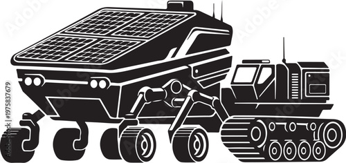 Solar powered rover, futuristic space vehicle, black and white illustration, robotic machine