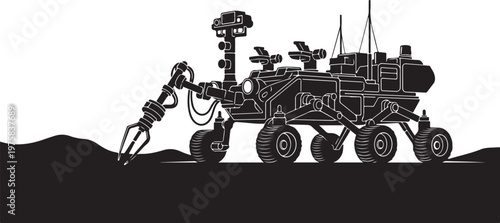 Mars rover, robotic spacecraft, planetary exploration, black and white vector illustration
