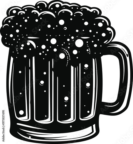 Silhouetted image of a full beer mug with overflowing foam