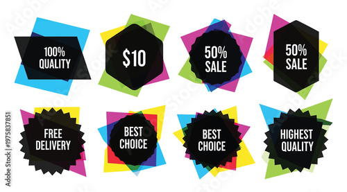 Set of black sale and quality badges with colorful abstract background
