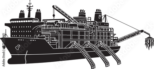 Industrial cargo ship, black and white vector, cargo vessel, industrial maritime
