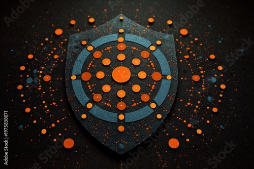 Futuristic security shield with interconnected network nodes, illustrating digital data protection and cyber resilience on dark background.