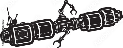 Robotic arm, industrial robot, mechanical claw, black and white vector illustration