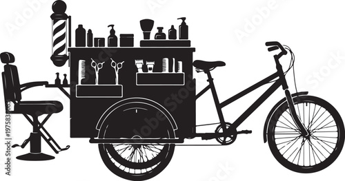Mobile barber cart, bicycle barber shop, black vector icon, grooming service vehicle
