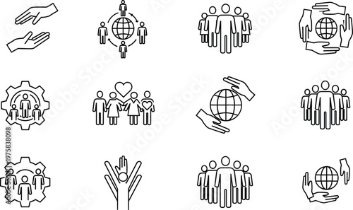 Community teamwork icons, global collaboration, social support, people network, charity help, teamwork outline set, business partnership concept, line icon collection