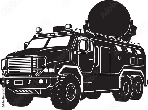 Military truck, tactical vehicle, black illustration, missile launcher, army transport