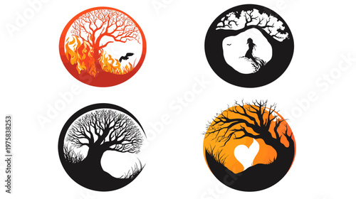 Four circular designs featuring silhouetted trees with various elements within the circles