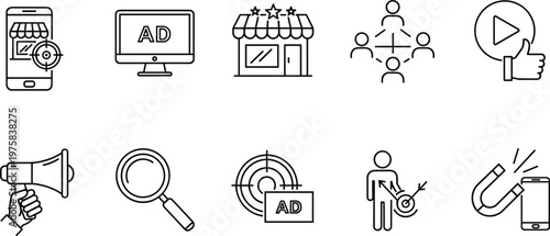 Digital advertising marketing icons set, online ads targeting, social media promotion, business marketing strategy, customer engagement, video marketing icons