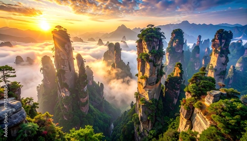 A serene mountain landscape at sunrise with foggy valleys (1)