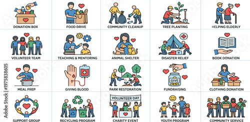 Collection of icons representing various charitable activities and community support services, including volunteering and donations