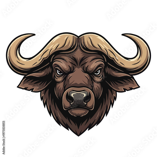 Illustrated bull head emblem with fierce expression and curved horns.