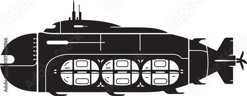 Black submarine vector, military submarine icon, naval vessel illustration, black and white graphics