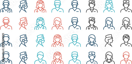Set of medical professionals wearing masks and scrubs, depicted as line art icons representing healthcare workers in a stylized manner