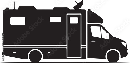 Motorhome, RV, camper van, recreational vehicle, travel trailer, black silhouette, vector icon