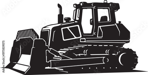 Bulldozer, heavy equipment, construction vehicle, industrial machine, black and white vector