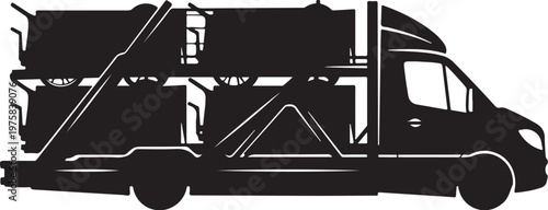 Black silhouette cargo van, truck with equipment, moving truck, vehicle icon
