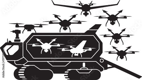 Military tank, drone, and aircraft vector icons, black silhouette, warfare symbols, combat vehicles