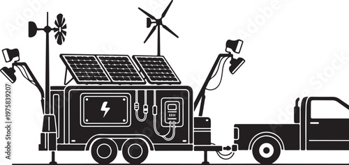 Eco friendly mobile solar power station, renewable energy generator truck, sustainable electricity vehicle, off grid power solution