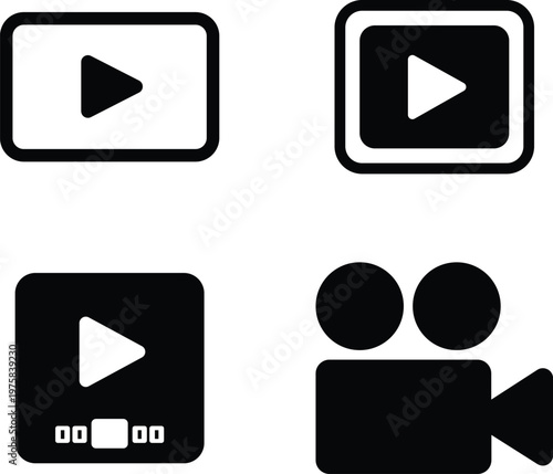 Collection of four minimalist video playback and recording icons representing digital media playback and creation concepts