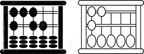 Two stylized abacus icons one solid black and one outline representing different calculation methods and accounting concepts