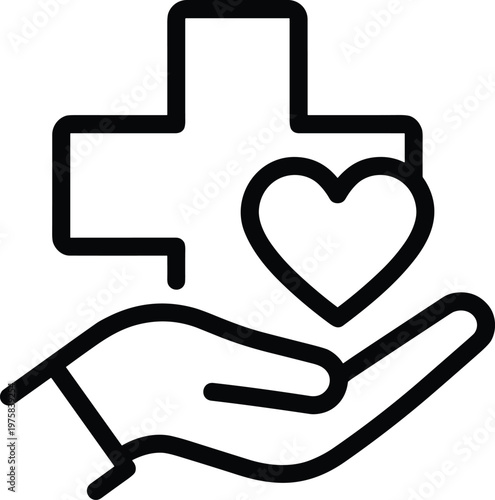 Hand offering a medical cross and heart icon, symbolizing care and health support