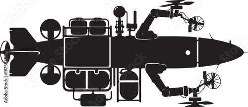 Black drone, unmanned aerial vehicle, UAV, aircraft silhouette, vector illustration