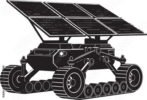 Solar powered rover, robotic vehicle, space exploration, black illustration