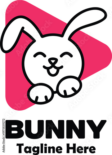 Cute cartoon bunny logo with text and pink play button shape isolated on transparent background