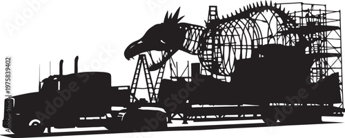 Black silhouette dinosaur sculpture, metal dinosaur statue, truck transporting art, large metal beast