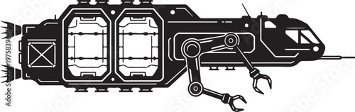 Industrial robotic arm, mechanical engineering, black and white vector, futuristic technology, automation design element