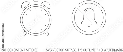 Minimalist alarm clock and silent notification icons, 2 outline vector elements with flat consistent stroke, modern time management symbols