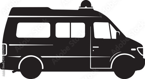 Black van icon, vehicle silhouette, transportation symbol, motorhome graphic