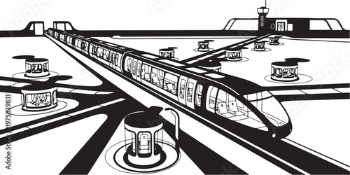 Monorail, futuristic train, transportation, vector illustration, black and white