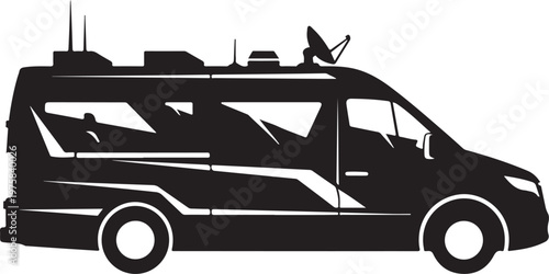 Black camper van vector, recreational vehicle silhouette, motorhome icon, travel trailer