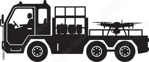 Black truck with drone, vector silhouette, transportation icon, drone delivery vehicle