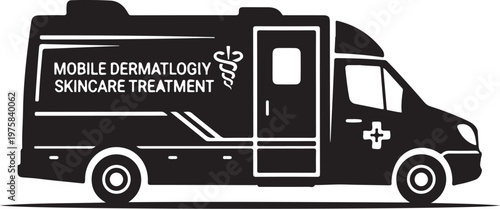 Mobile dermatology skincare treatment, black and white vector ambulance icon, medical vehicle illustration, skin care service