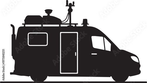 Black silhouette camper van, recreational vehicle, motorhome icon, travel trailer