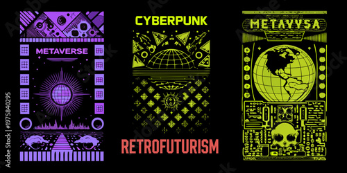 Cyberpunk and metaverse themed panels with a world globe silhouette