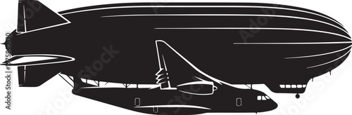 Black airship, zeppelin vector, silhouette aircraft, dirigible illustration
