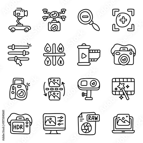 Set of Photographic Tools Linear Icons 