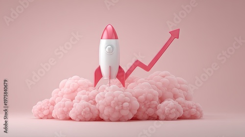 Stylized representation of upward momentum and business growth depicted by a miniature spacecraft launching from fluffy pink exhaust