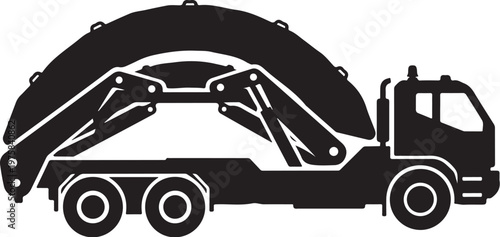 Black garbage truck, waste management vehicle, recycling truck, dumpster lifter, silhouette icon