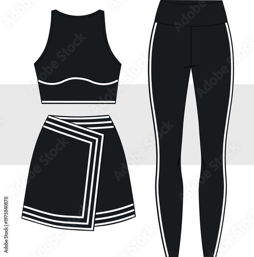 Women's Activewear Flat Sketch set, Sportswear Technical Drawing, illustration. Skirt, Leggings, Crop Top vector. Cad, Mockup Set.